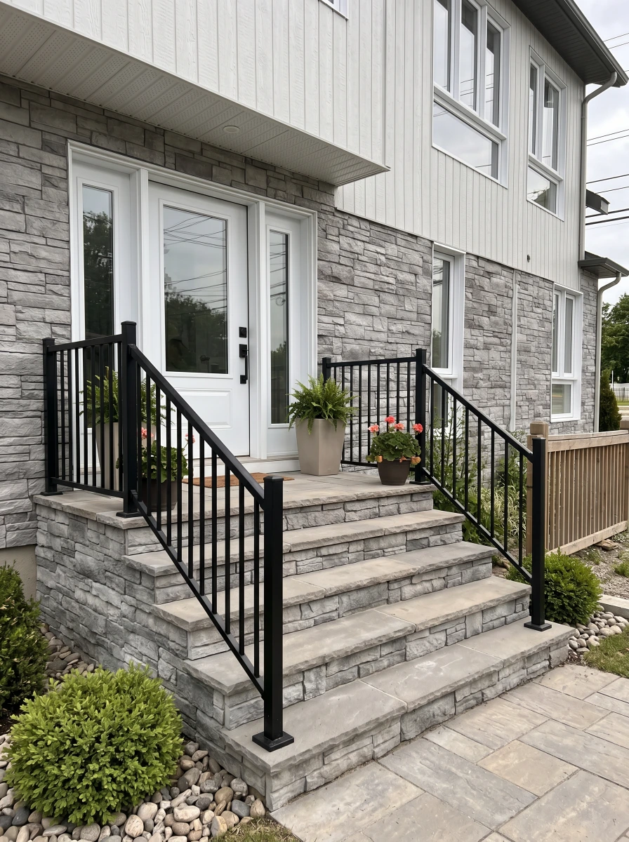 Home entrance with stone veneer installation and steps in Paramus, Bergen County, NJ.