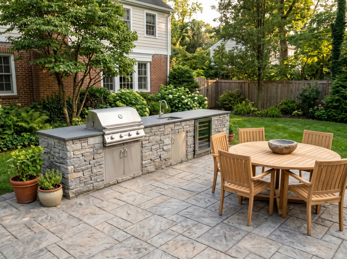 Outdoor kitchen package from Masonry Pro Construction with stone island and grill in Wayne, Passaic County, NJ.