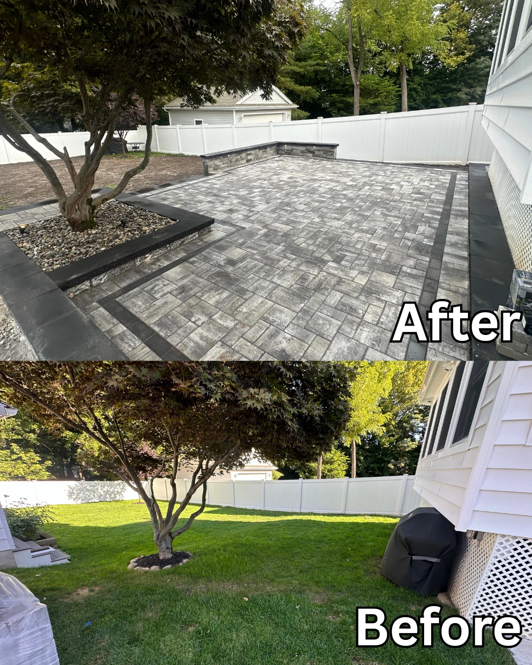 Outdoor transformation with a new paver patio and retaining wall installation in Little Falls, Passaic County, NJ.