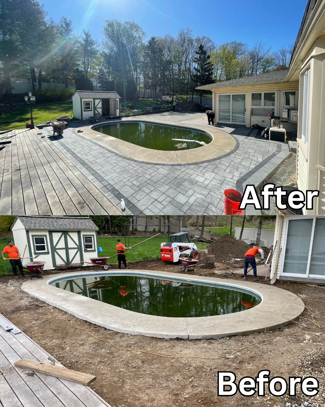 Patio paver installation before and after around a swimming pool in Montclair, Essex County, NJ by Masonry Pro Construction.