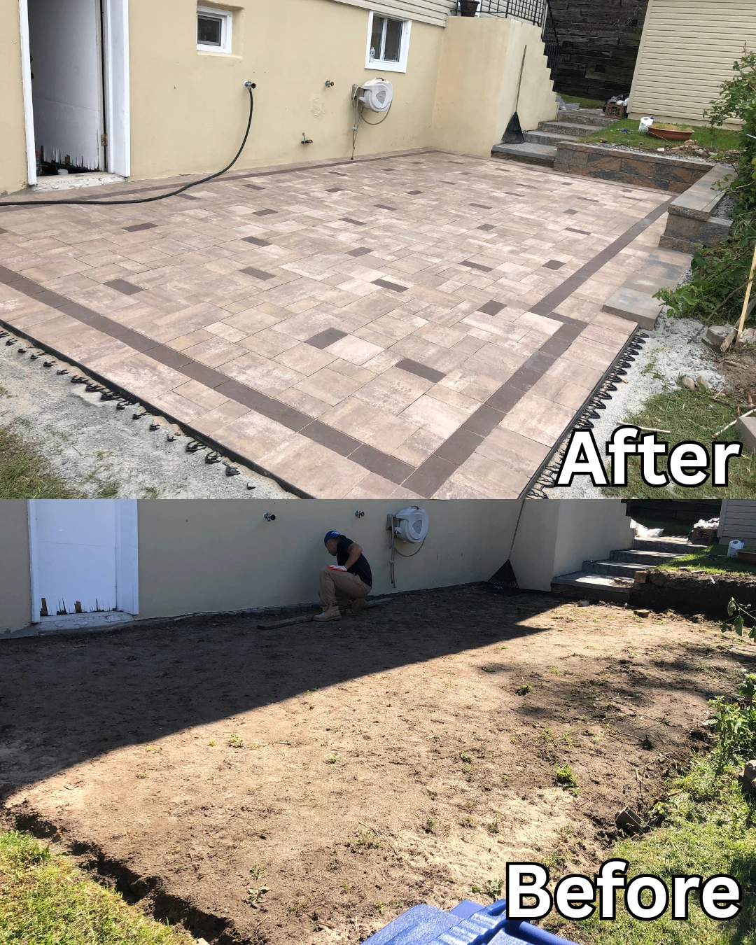 Before and after a patio paver installation in Nutley, Essex County, NJ, by Masonry Pro Construction.