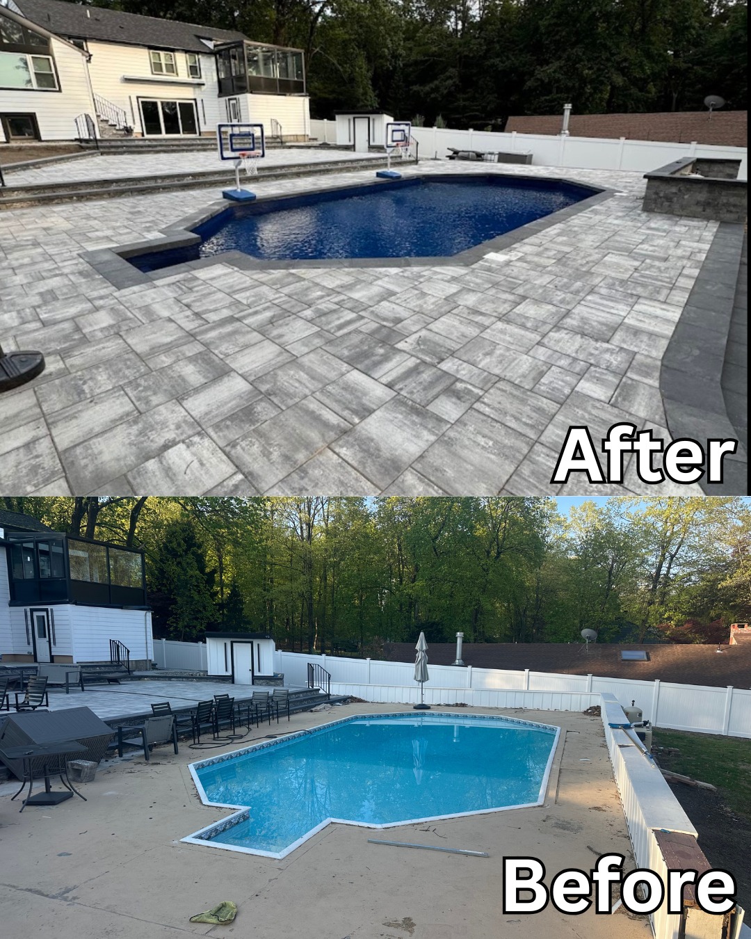 New patio paver installation around a backyard pool at a residence in Paramus, Bergen County, NJ by Masonry Pro Construction