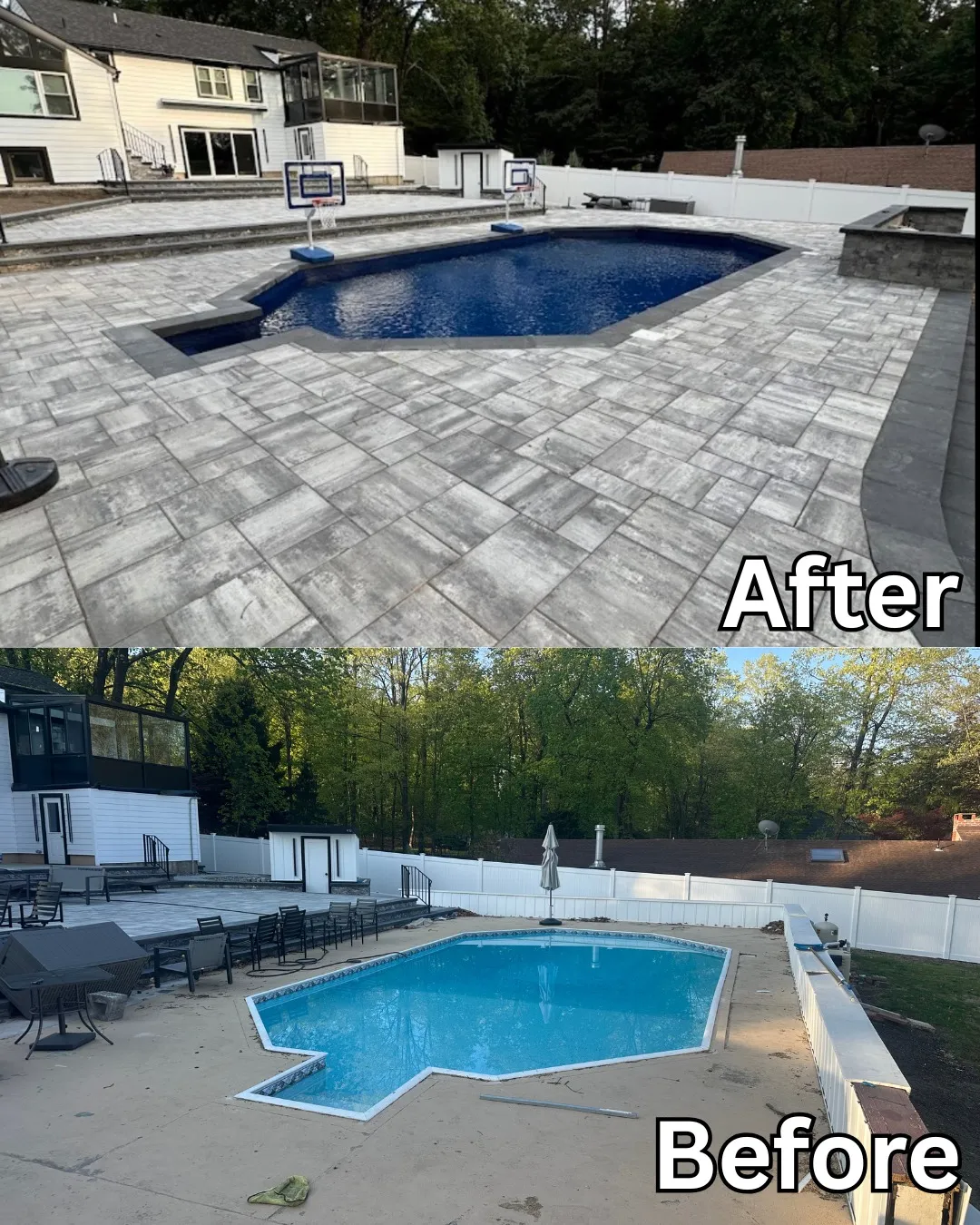 New patio paver installation around a backyard pool at a residence in Paramus, Bergen County, NJ by Masonry Pro Construction