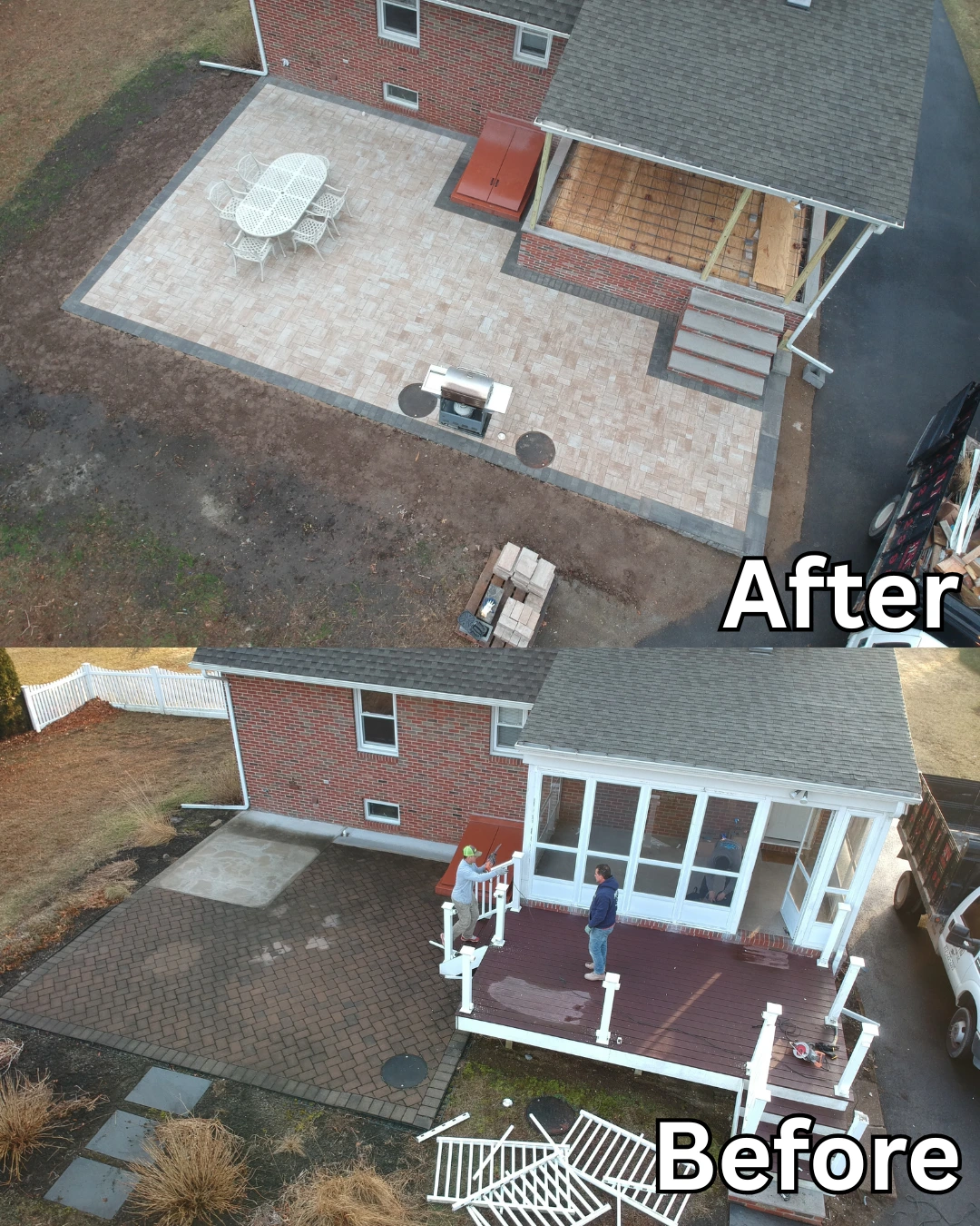 New patio paver installation and outdoor kitchen area next to a home in Paramus, Bergen County, NJ.