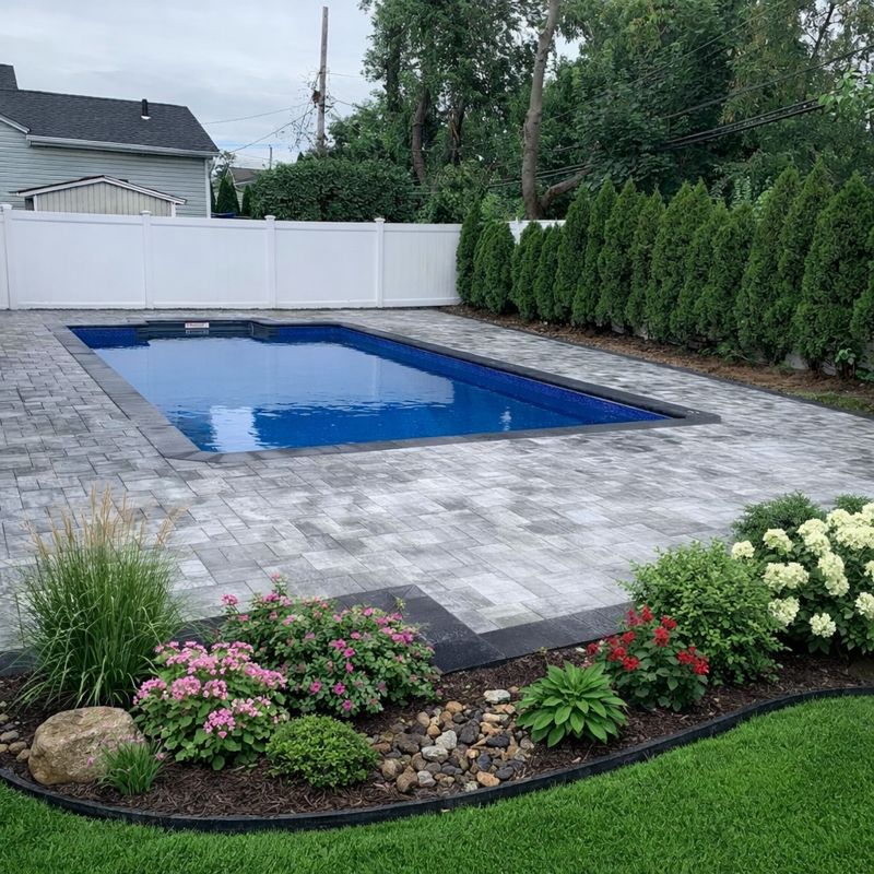 Paver patio and pool deck installation with landscaping at a residential property in West Orange, Essex County, NJ, by Masonry Pro Construction.