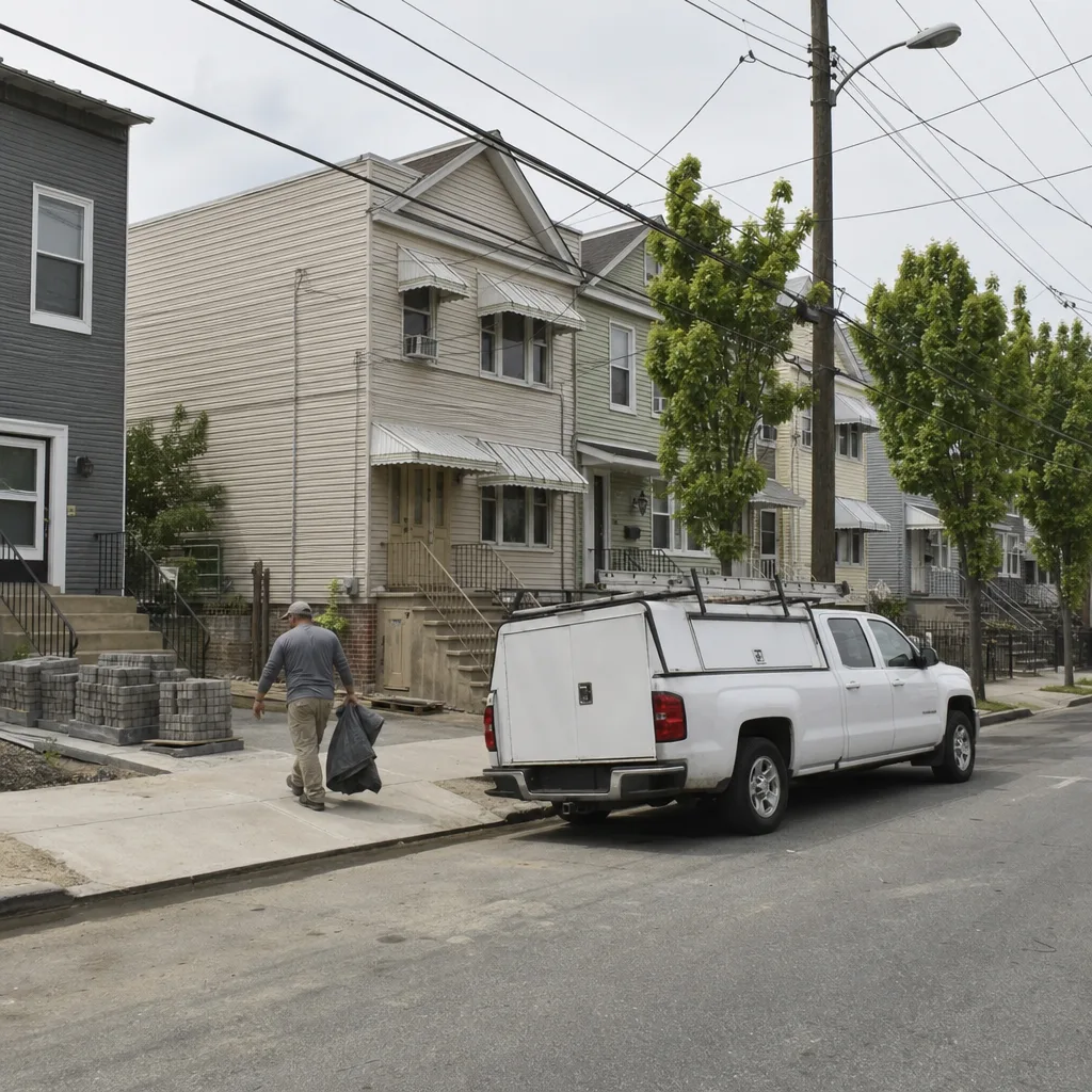 Paver pallets staged on the sidewalk beside a two-family home on a Paterson street