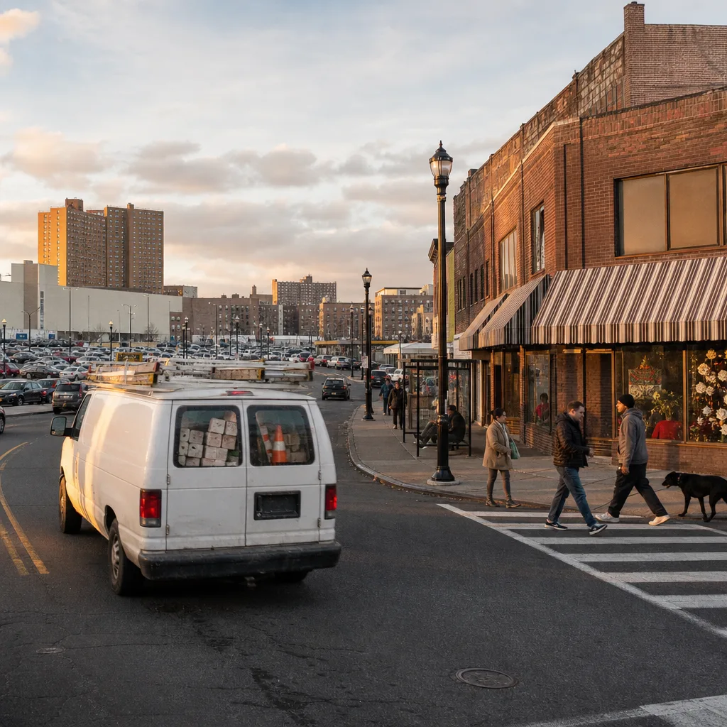 Masonry contractor van on Main Street near Center City Mall in downtown Paterson, NJ