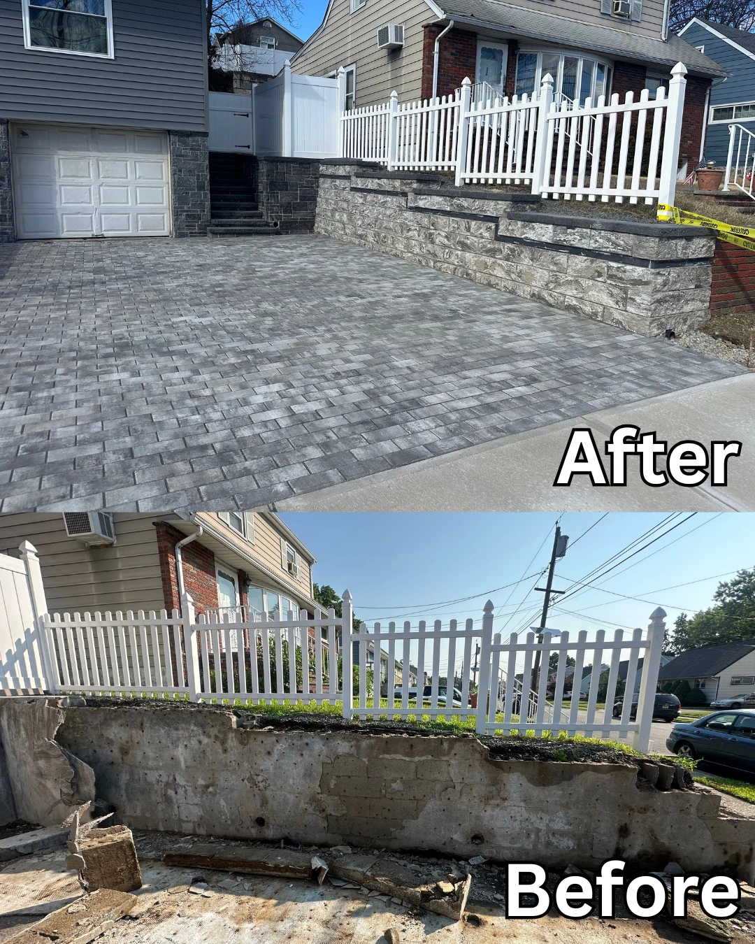 New paver driveway and stone retaining wall at a home in Totowa, Passaic County, NJ, Masonry Pro Construction