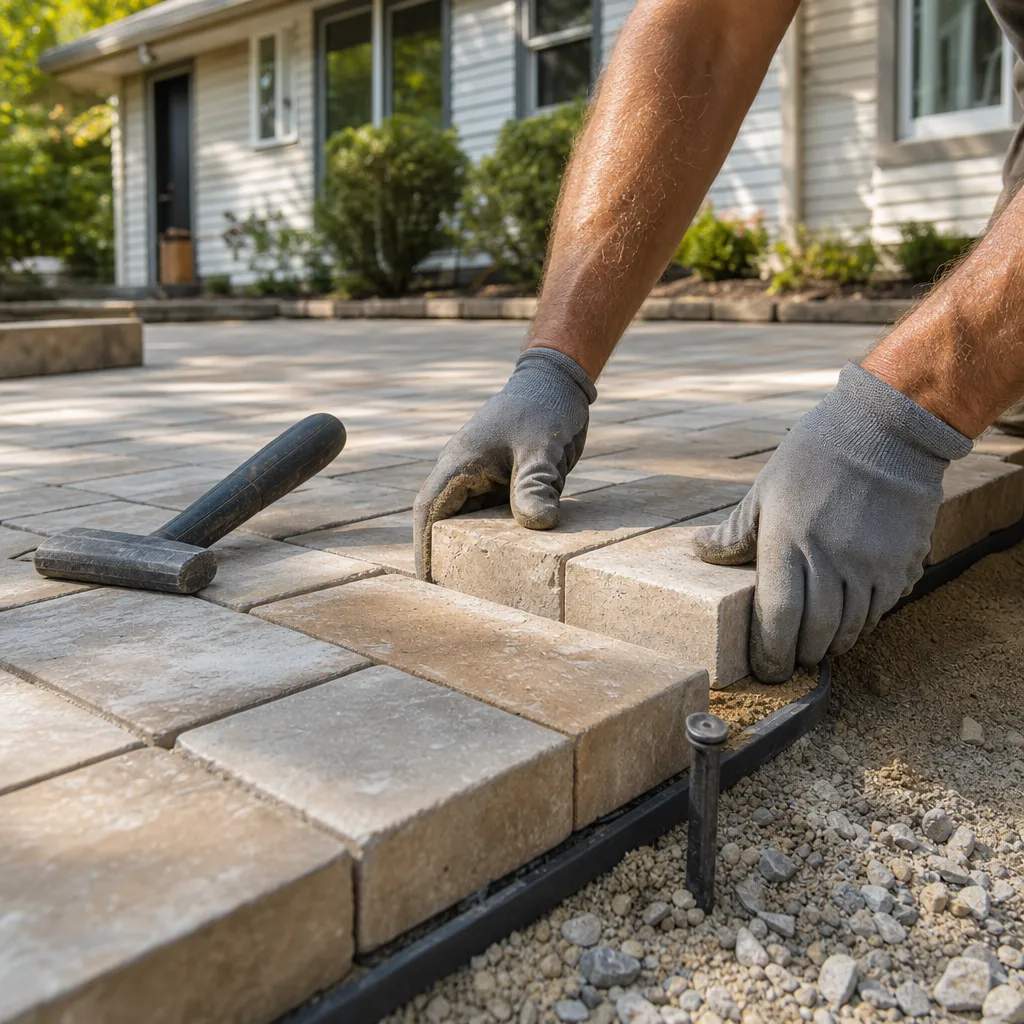 Edge restraint and bedding sand along the edge of a paver patio in Paterson, NJ