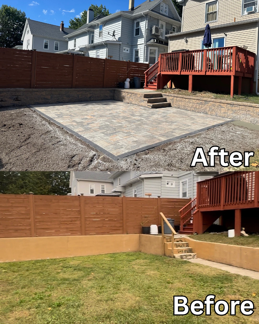 Paver patio installation next to a wooden fence and deck in Bloomingdale, Passaic County, NJ by Masonry Pro Construction.