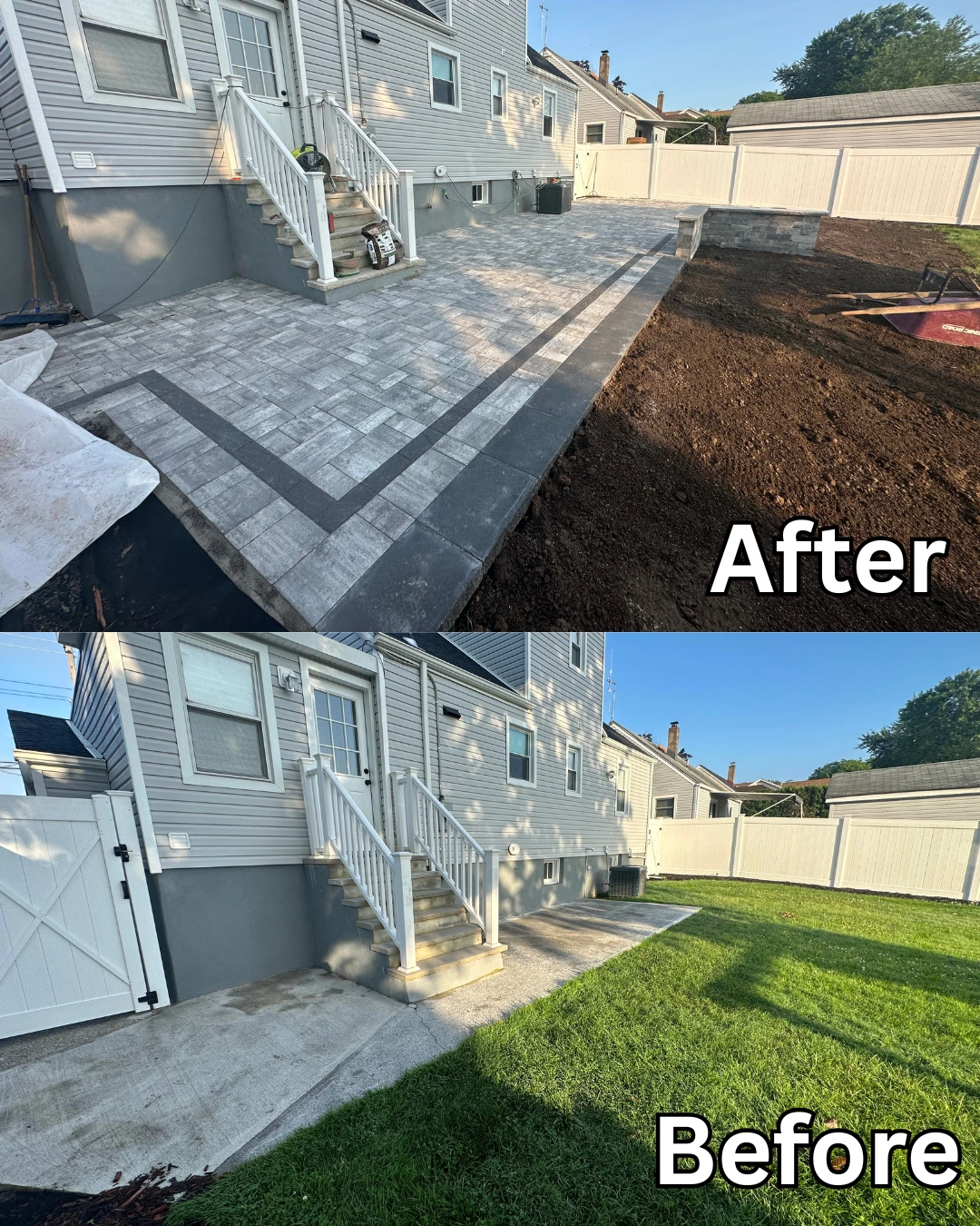 Back of home with new paver patio and fresh topsoil installed in Essex Fells, Essex County, NJ.