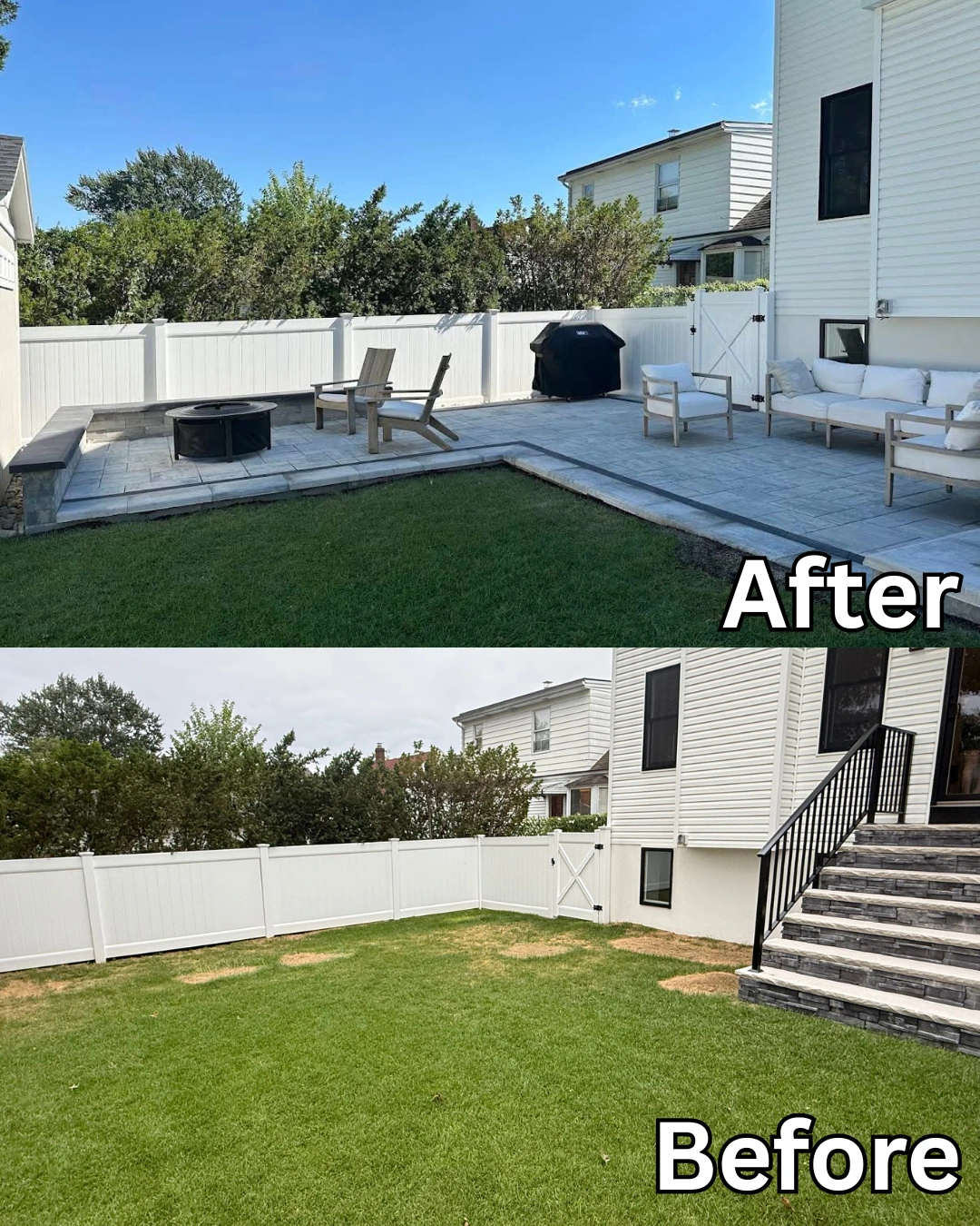 Before and after paver patio installation with fire pit and outdoor seating in Haskell, Passaic County, NJ, by Masonry Pro