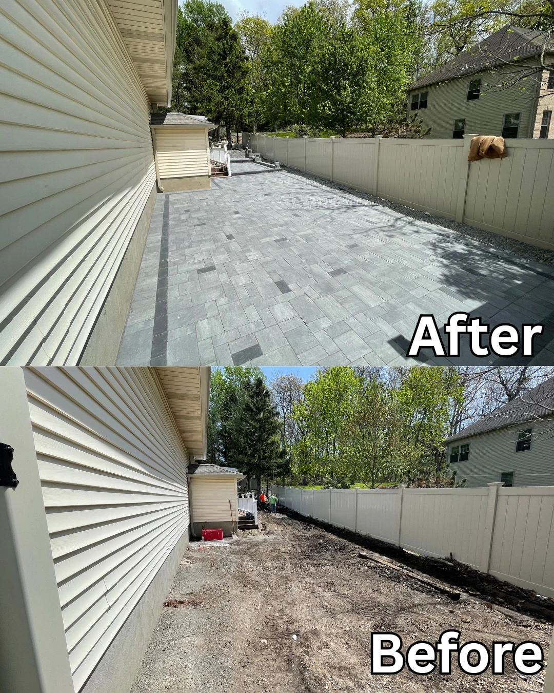 New paver patio installation next to a house with white siding in Wayne, Passaic County, NJ, by Masonry Pro Construction.