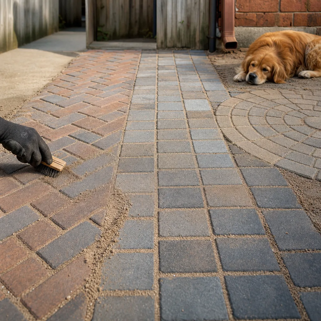 Paver samples laid against the brick of a Paterson home