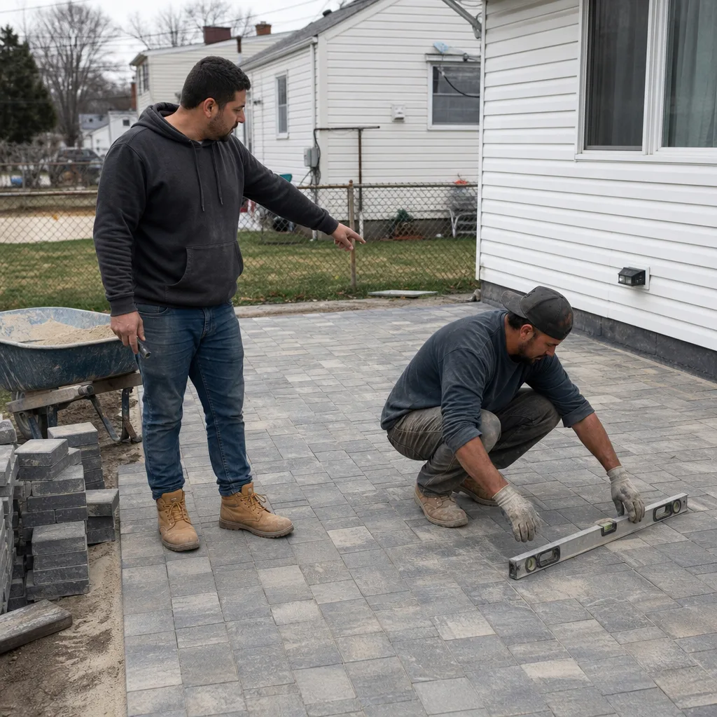 Homeowner and mason reviewing a finished paver patio in Paterson, NJ