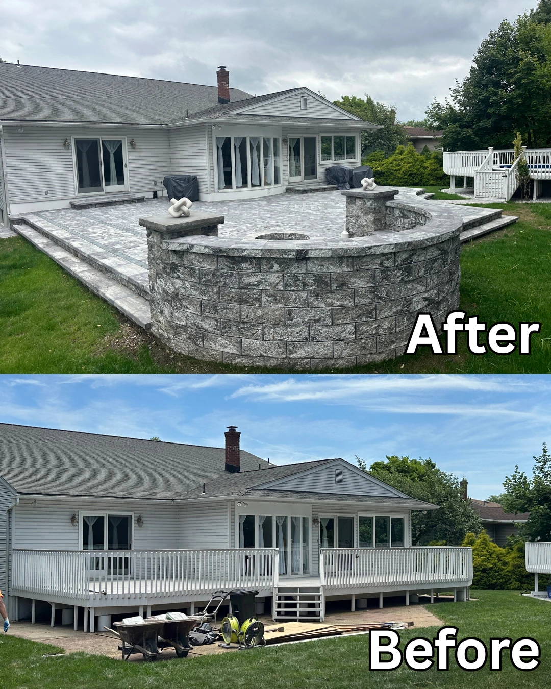 Newly installed paver patio with a stone wall fire pit in Pompton Lakes, Passaic County, NJ, Masonry Pro Construction