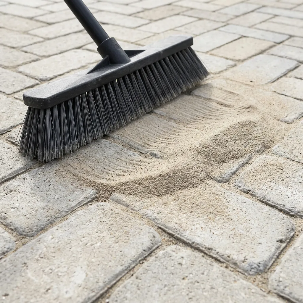 Broom spreading polymeric sand for paver repair in Wanaque, Passaic County, New Jersey
