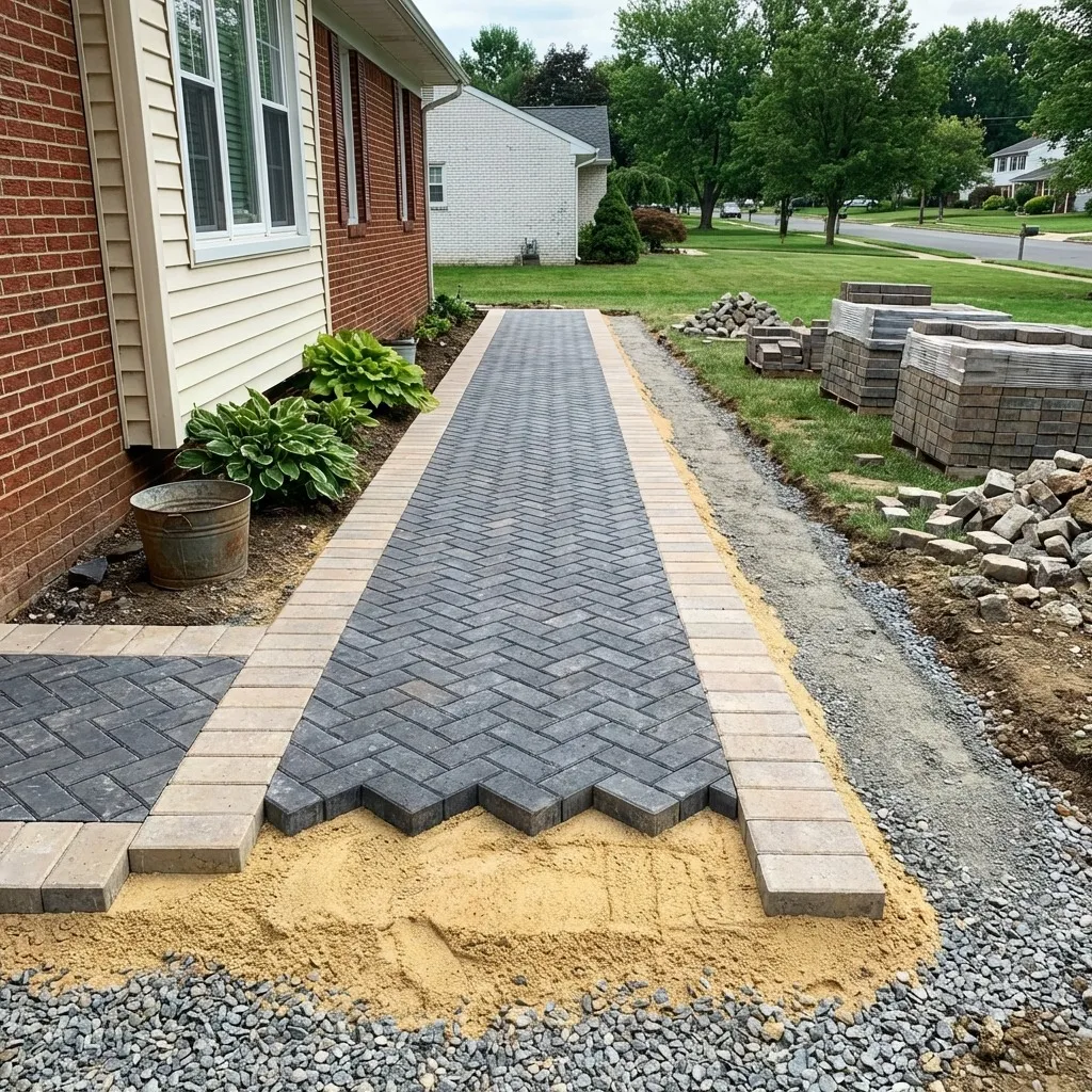Paver walkway installation in Wayne, NJ showing ground preparation and excavation
