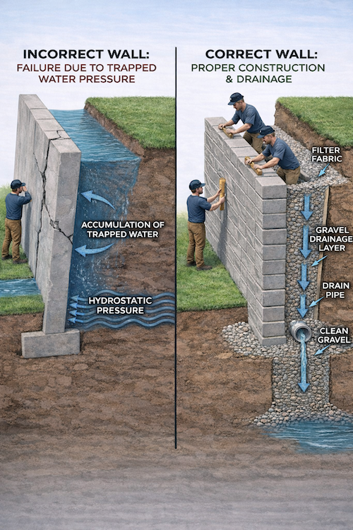 Retaining wall installation diagram showing incorrect wall failure due to trapped water pressure versus correct wall with proper construction and drainage — 36 Highview Ave, Totowa, NJ 07512