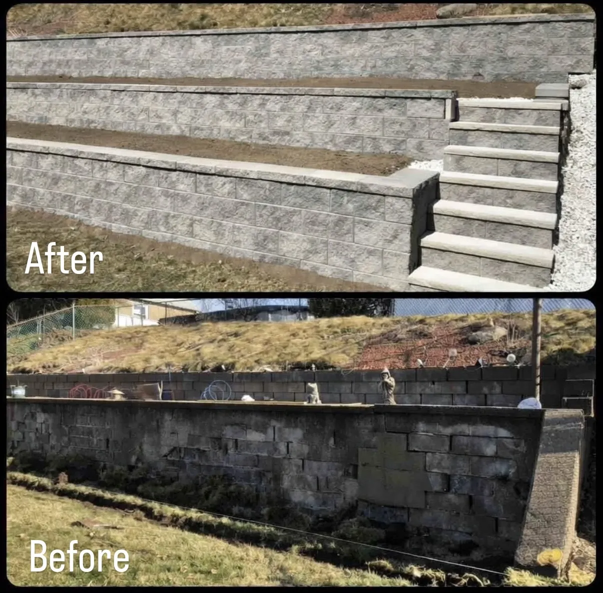 Before and after of a concrete retaining wall and stairs in Franklin Lakes, Bergen County, NJ