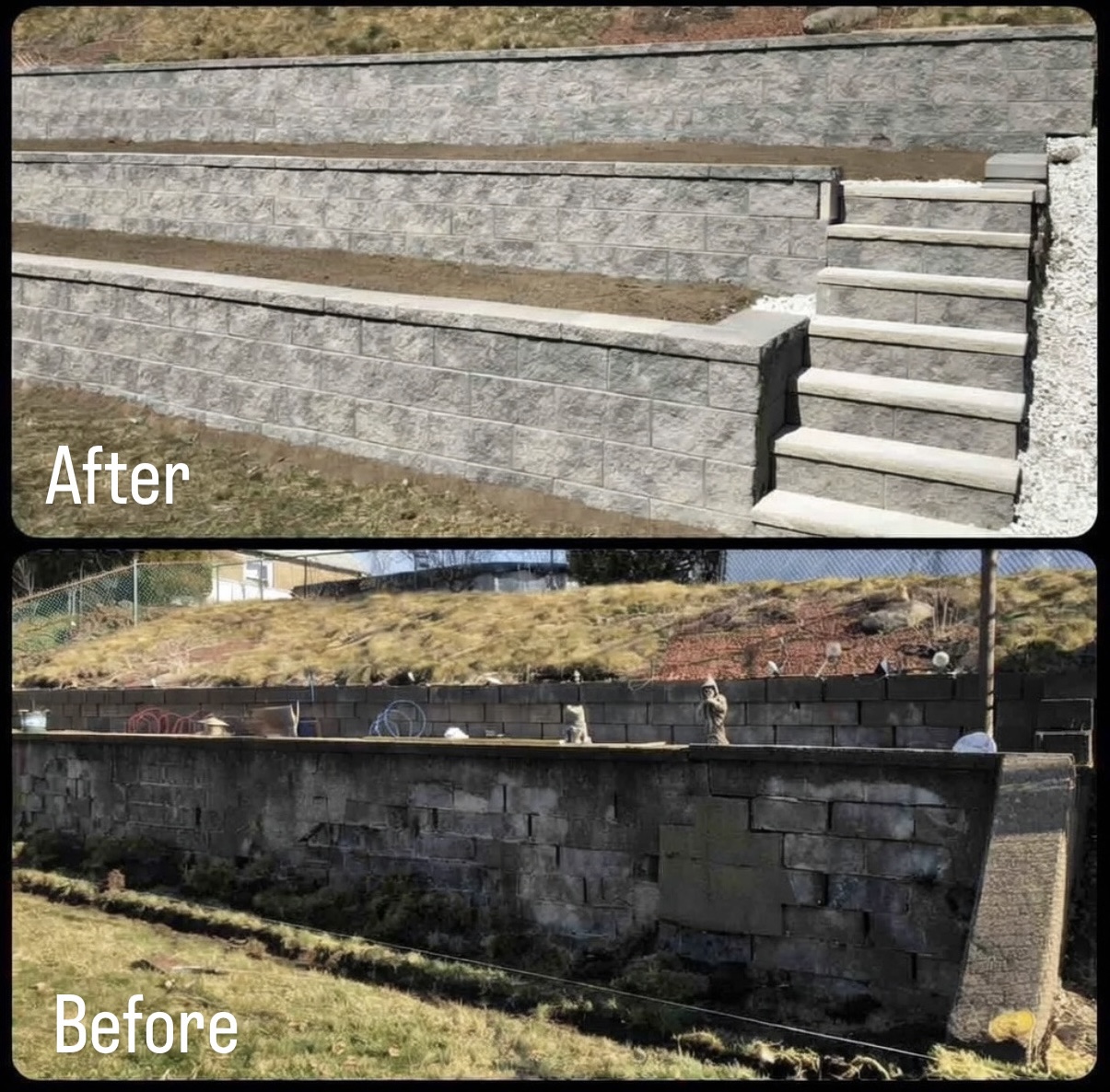Before and after of a concrete retaining wall and stairs in Franklin Lakes, Bergen County, NJ