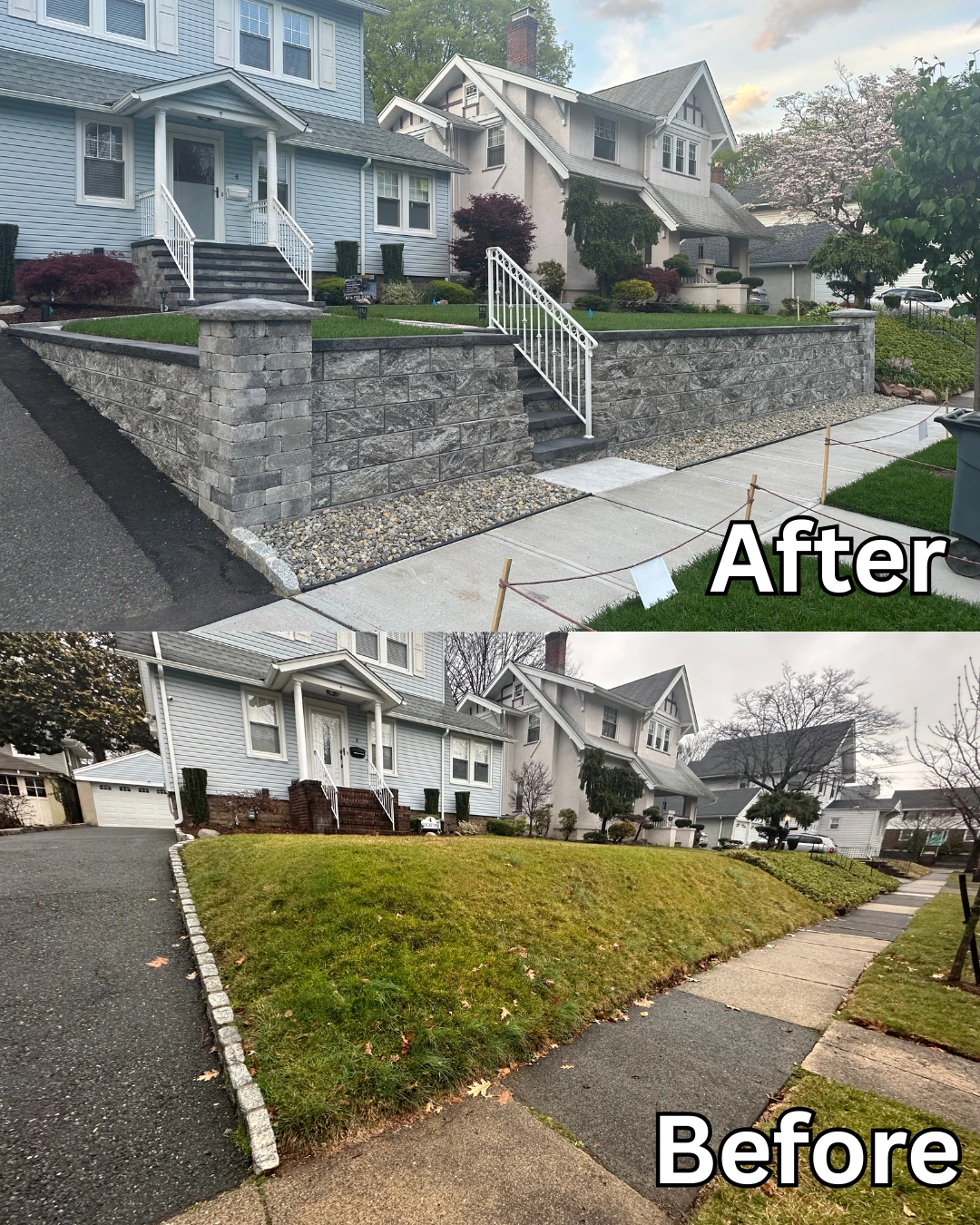 Retaining wall with steps built into a sloped yard for a residential property in Totowa, Passaic County, NJ.