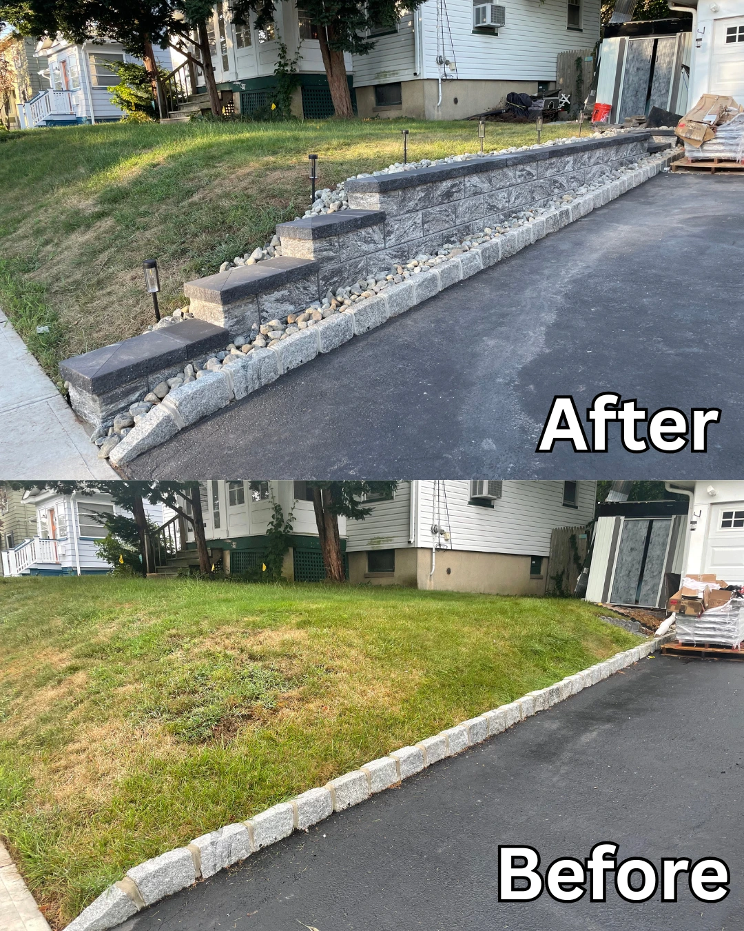 Retaining wall with steps built along a driveway in Wayne, Passaic County, NJ, Masonry Pro Construction.