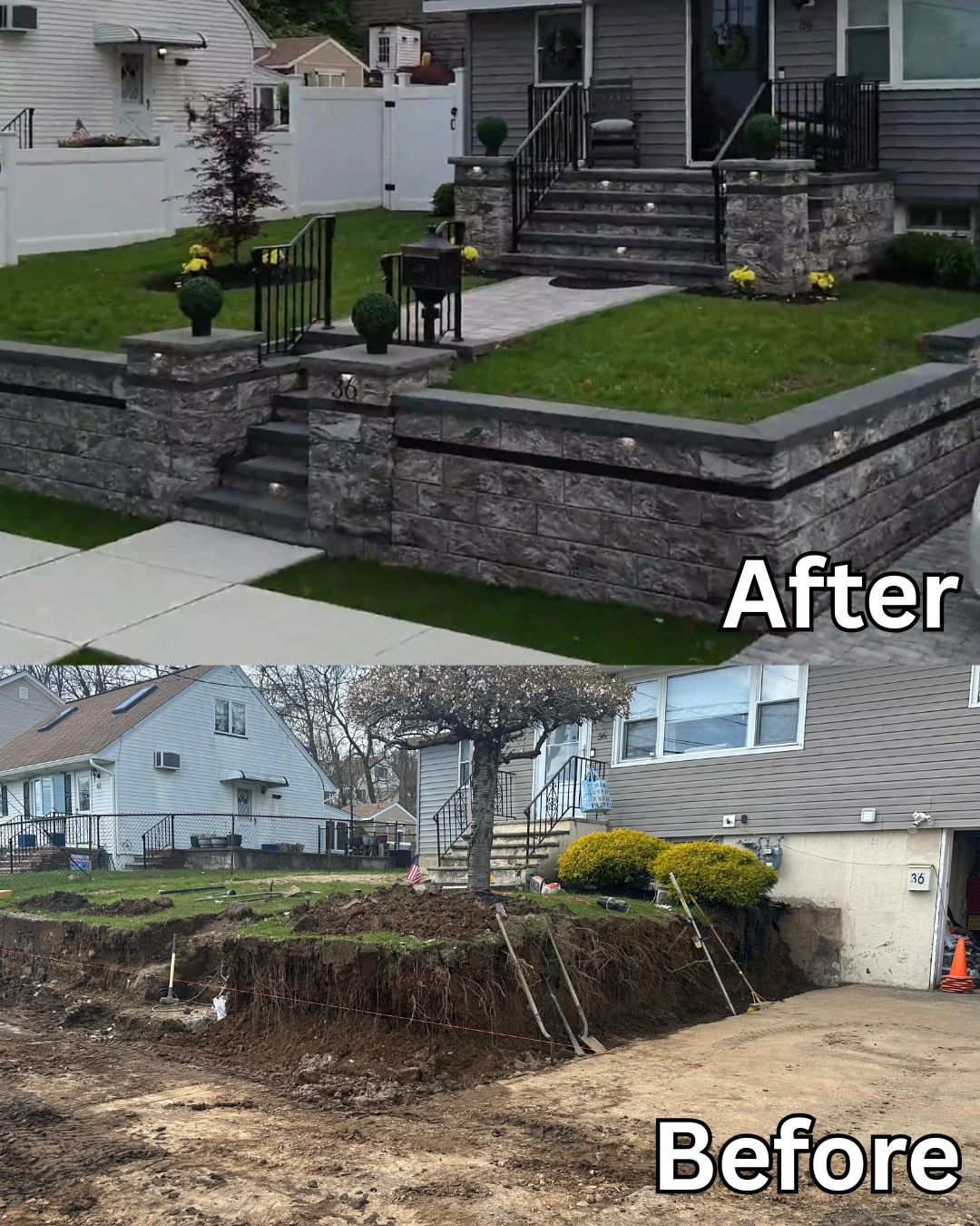 New retaining wall with steps and landscaping for a home in Pompton Lakes, Passaic County, NJ, Masonry Pro construction