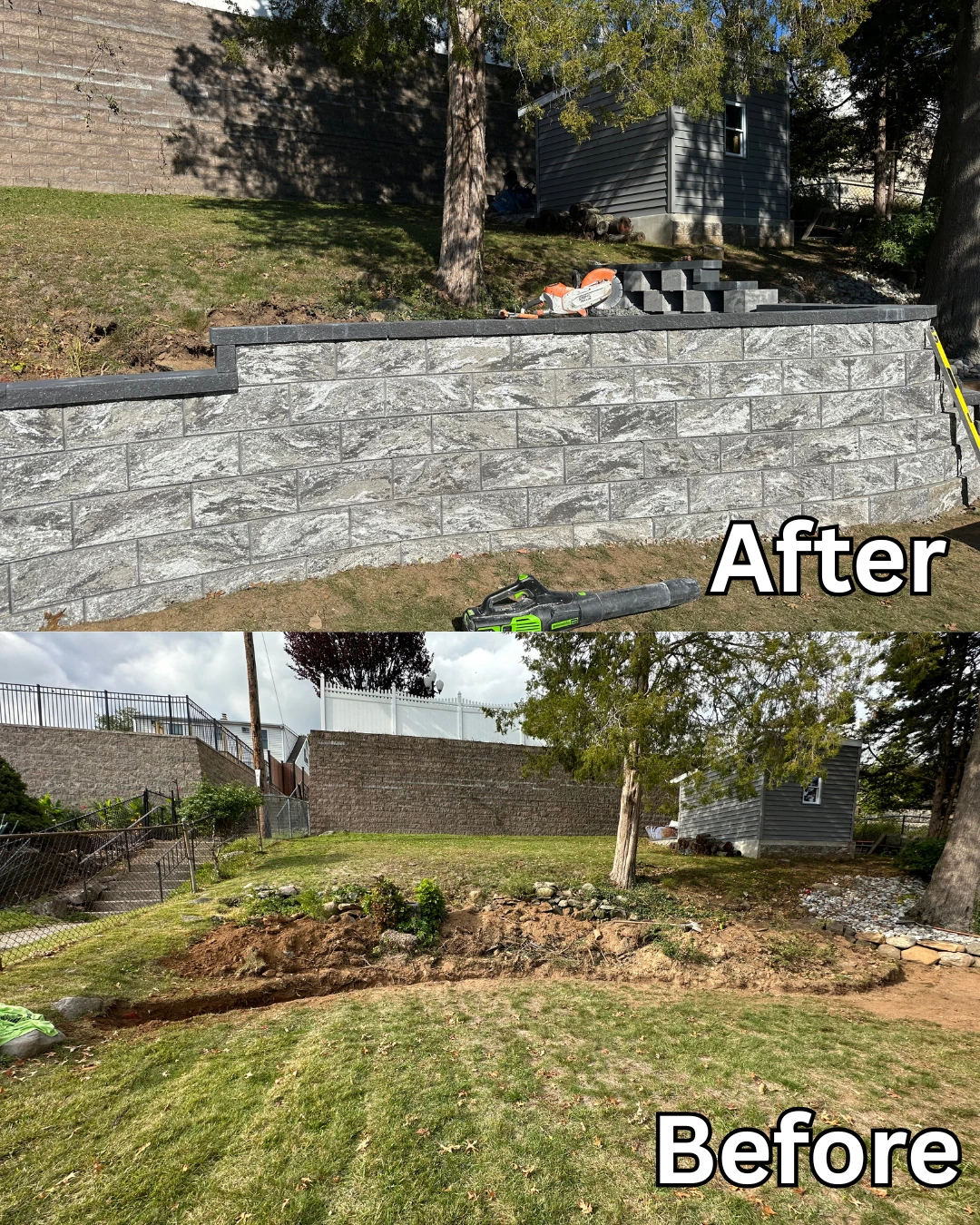 New retaining wall replacement in Paterson, Passaic County, NJ, shown with before and after views, Masonry Pro Construction