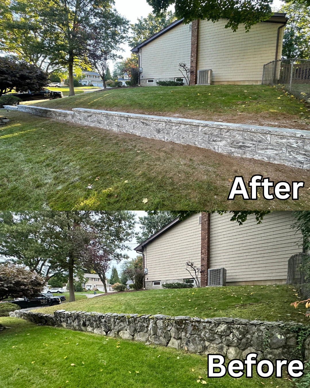 Retaining wall replacement showing before and after in Short Hills, Essex County, NJ, Masonry Pro Construction