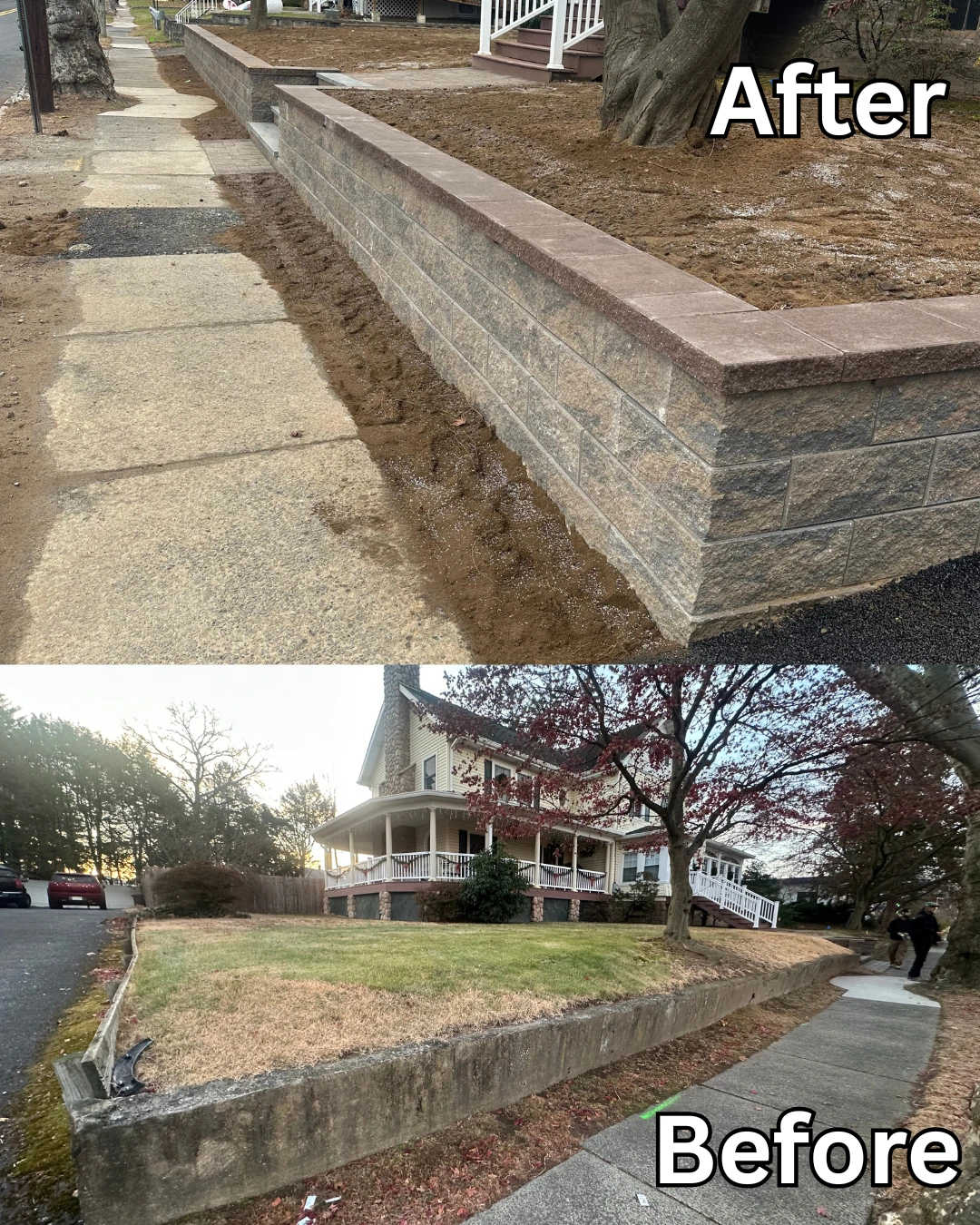 New retaining wall replacement alongside a sidewalk in West Orange, Essex County, NJ, Masonry Pro Construction