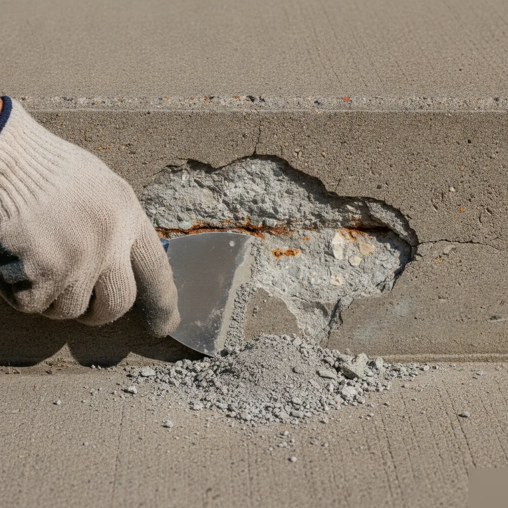 Close-up of spalled and flaking concrete step damage in Totowa, NJ