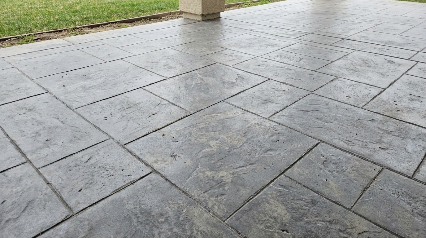 Completed stamped concrete installation at a property in Orange, Essex County, NJ, by Masonry Pro Construction.