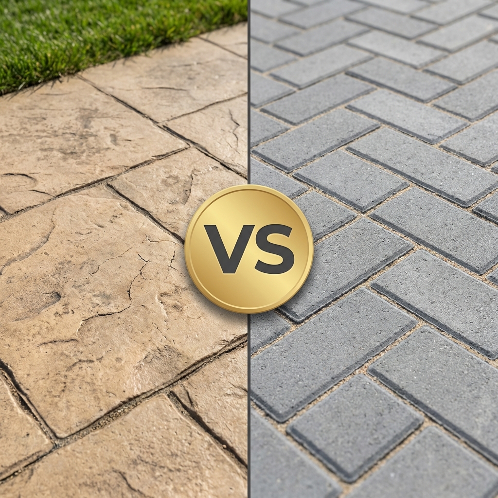 Stamped concrete vs. pavers at the corporate offices for Masonry Pro Construction Totowa, Passaic County, New Jersey, 07512.