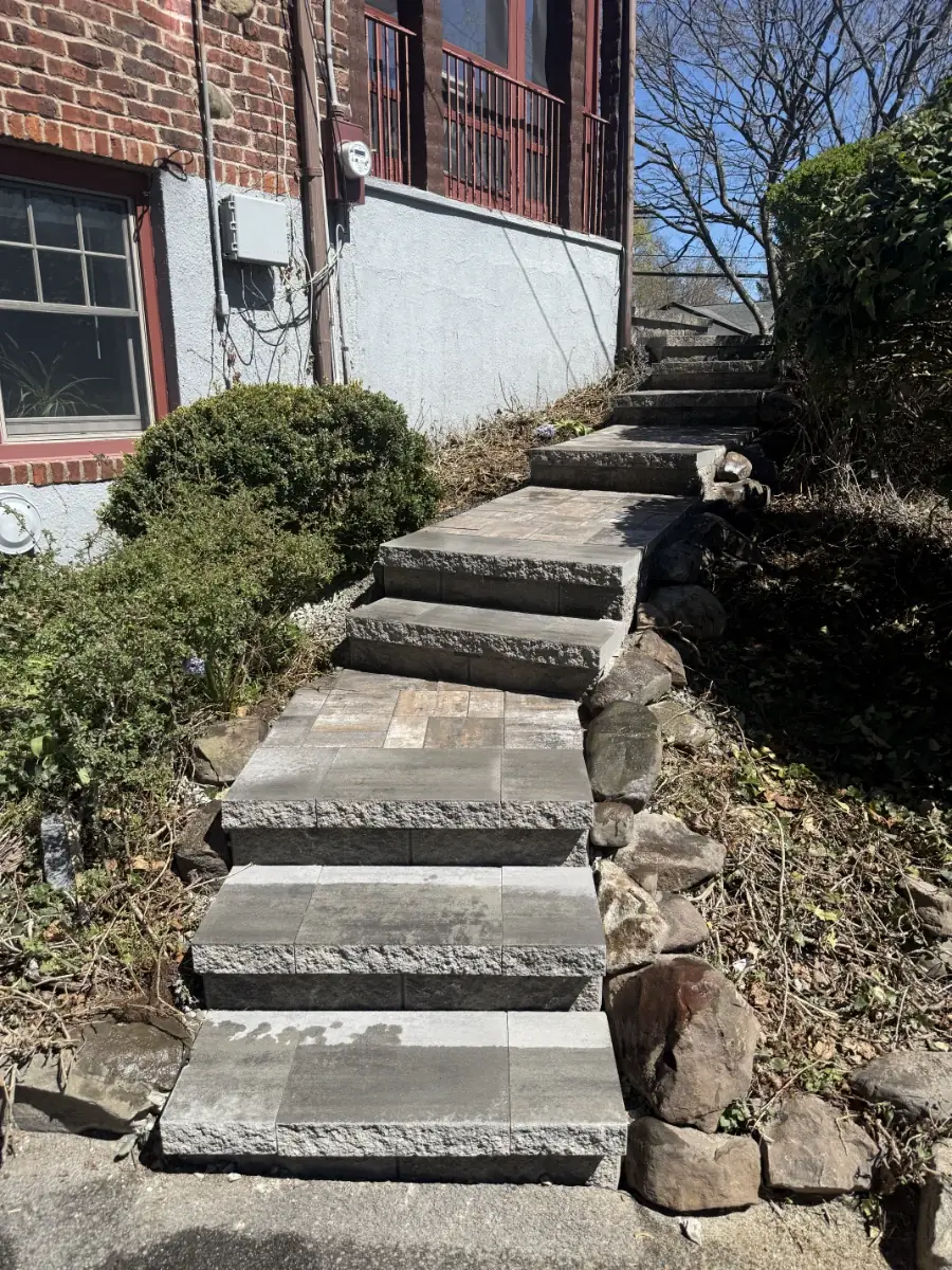 Newly installed paver steps and walkway leading up to a home in Verona, Essex County, NJ. Masonry Pro Construction