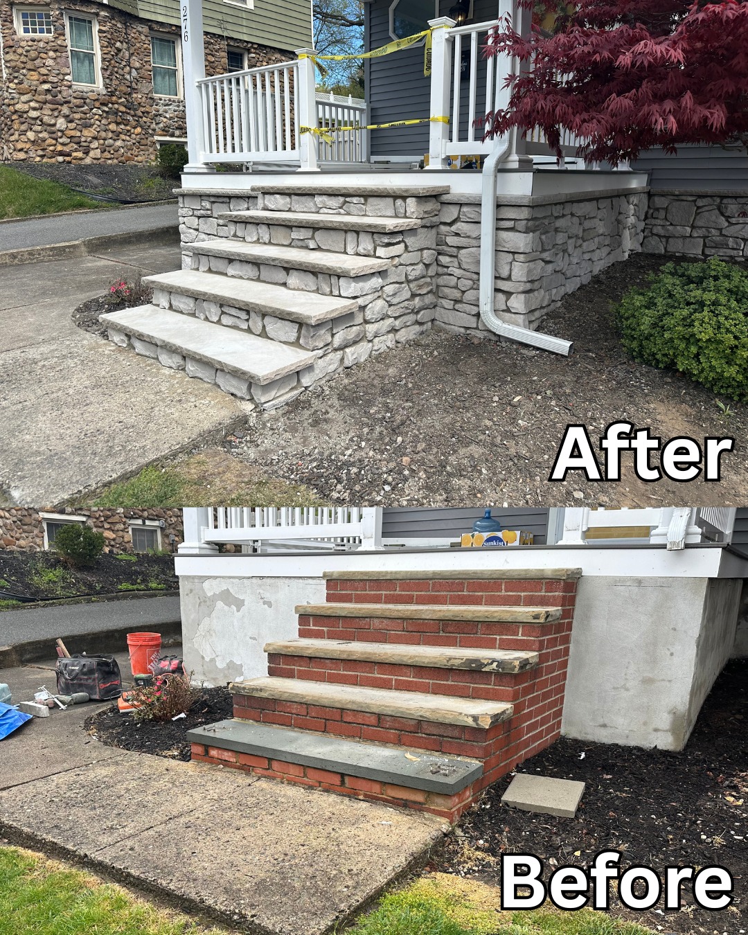 Newly installed stone masonry steps leading to a home in Verona, Essex County, NJ. Before and after.