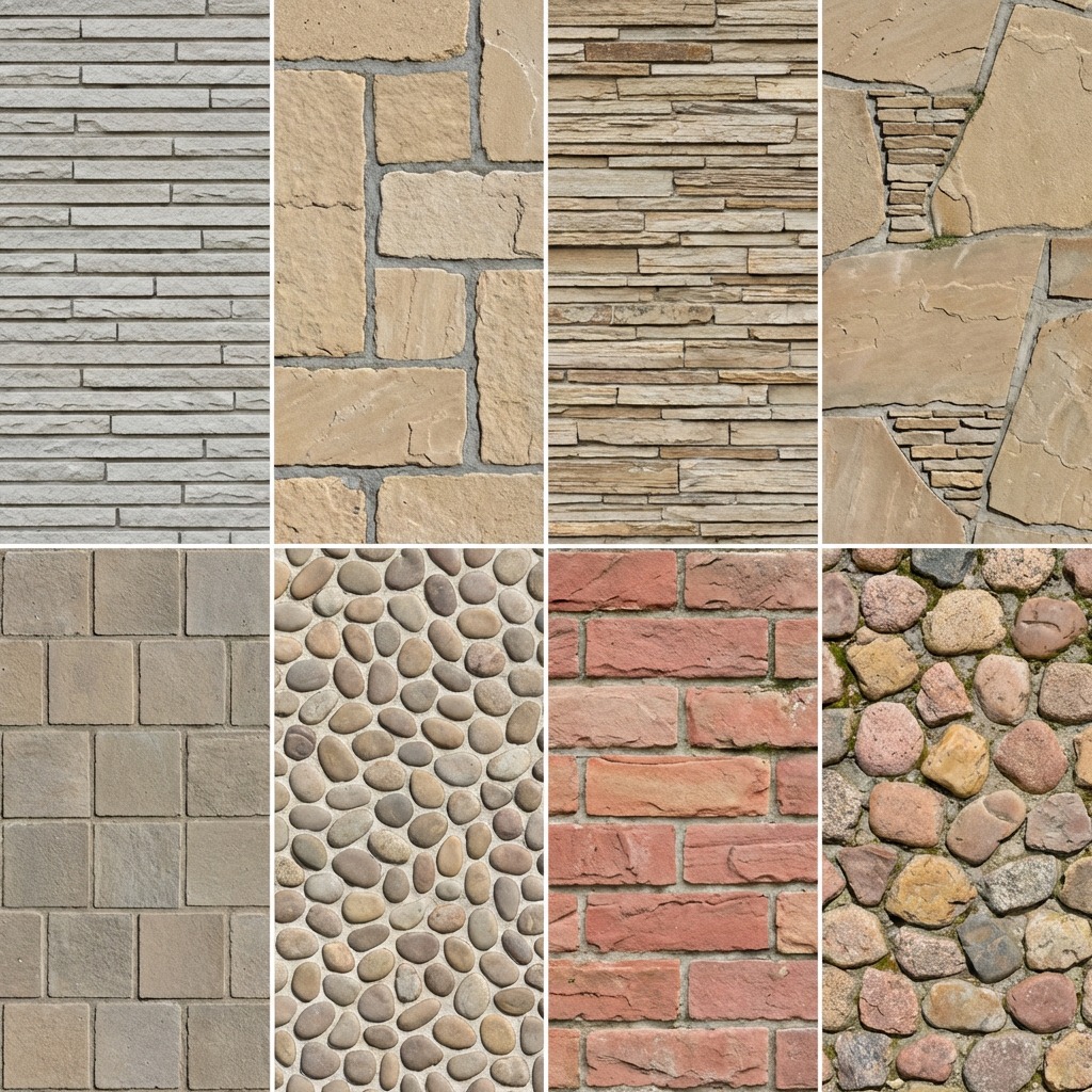 Variety of stone masonry patterns, including stacked stone, brick, and river rock in Totowa, Passaic County, NJ.