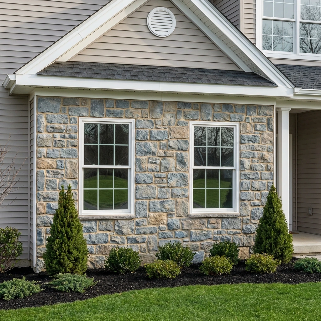 Stone veneer installation on a residential home exterior in Fairview, Bergen County, New Jersey
